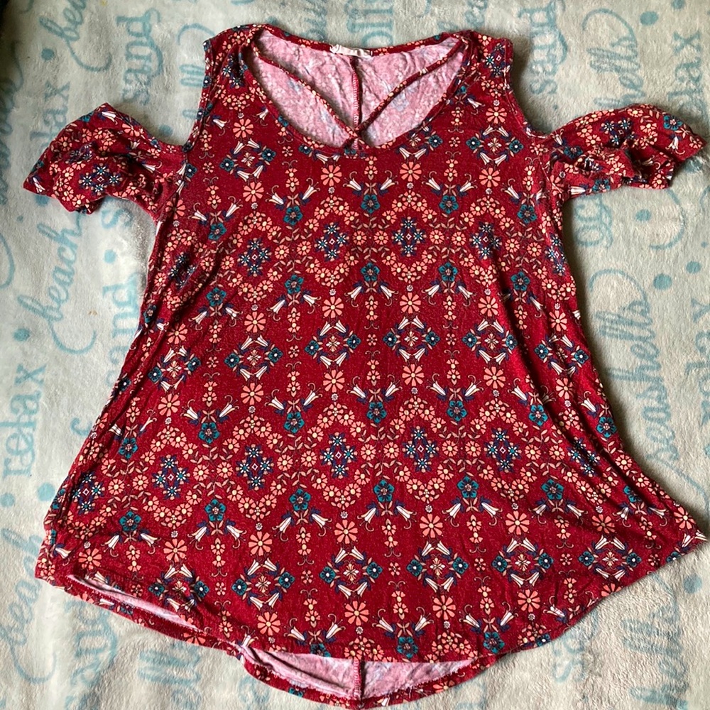 Open Shoulder Sleeved Flower Pattern Soft Blouse Top